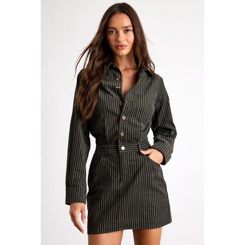 Lulus Divina Dark Olive Pinstriped Twill Collared Mini Dress Green - Size XL
